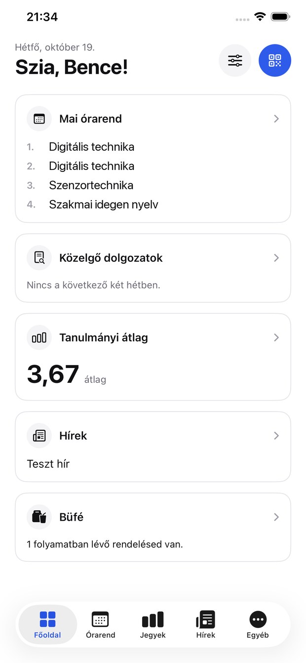 Az app Főoldala