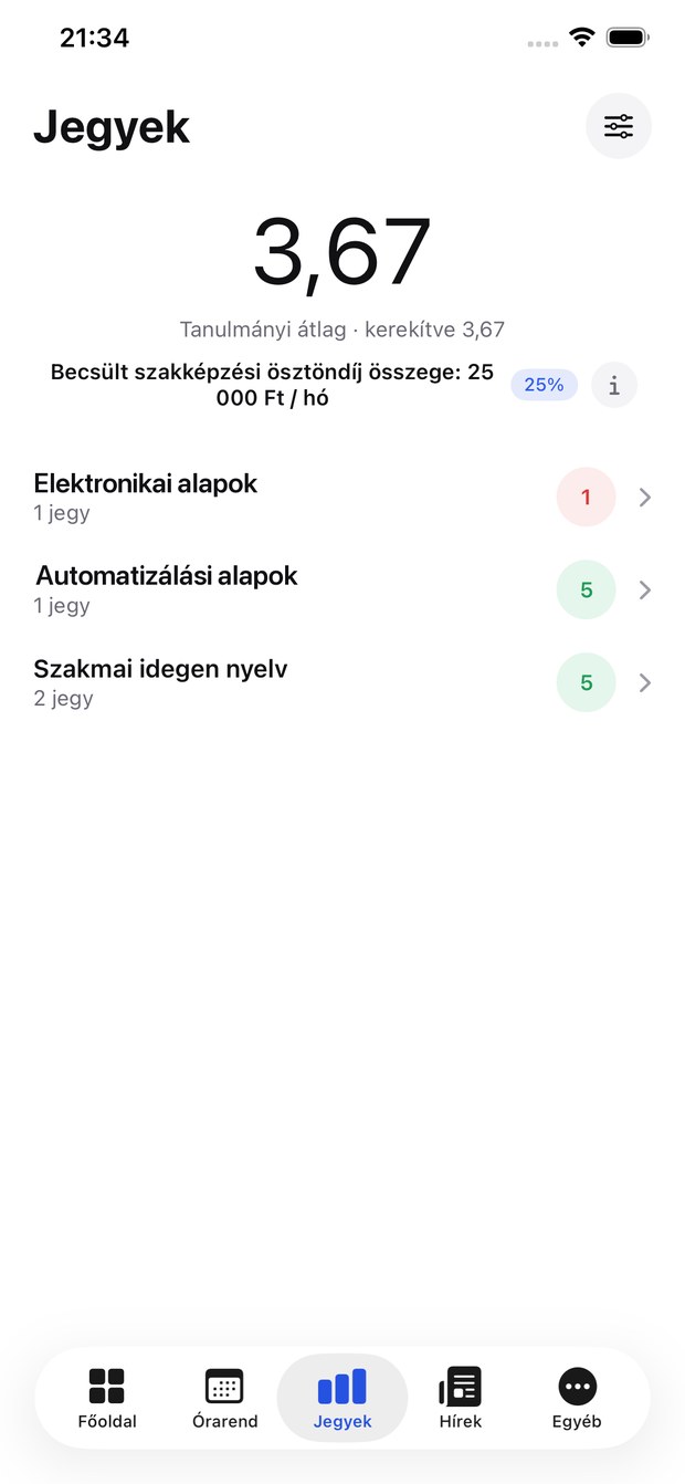 Az app jegyek képernyője